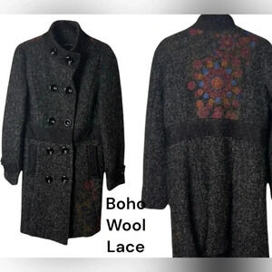 NESLAY Paris coat,button front,lace,boucle,med.funnel collar,partly floral,EC